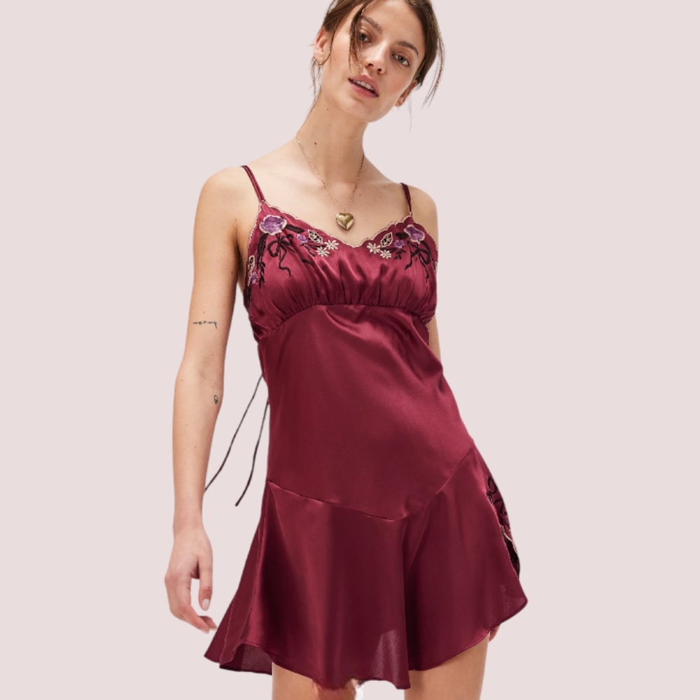 Free People Morning Kiss Embroidered Mini Slip Dress in Dark Red S